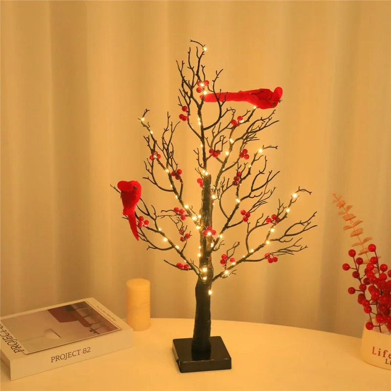 Vintage Glowing Tree with Cardinals Battery Operated Artificial Birch Lamp with Red Berry Table Decoration