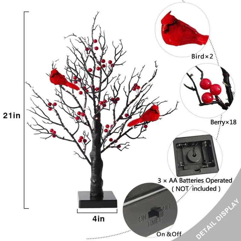 Vintage Glowing Tree with Cardinals Battery Operated Artificial Birch Lamp with Red Berry Table Decoration