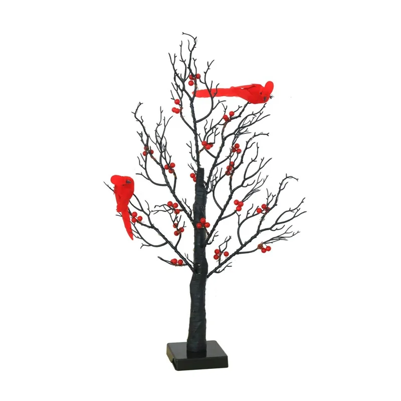 Vintage Glowing Tree with Cardinals Battery Operated Artificial Birch Lamp with Red Berry Table Decoration