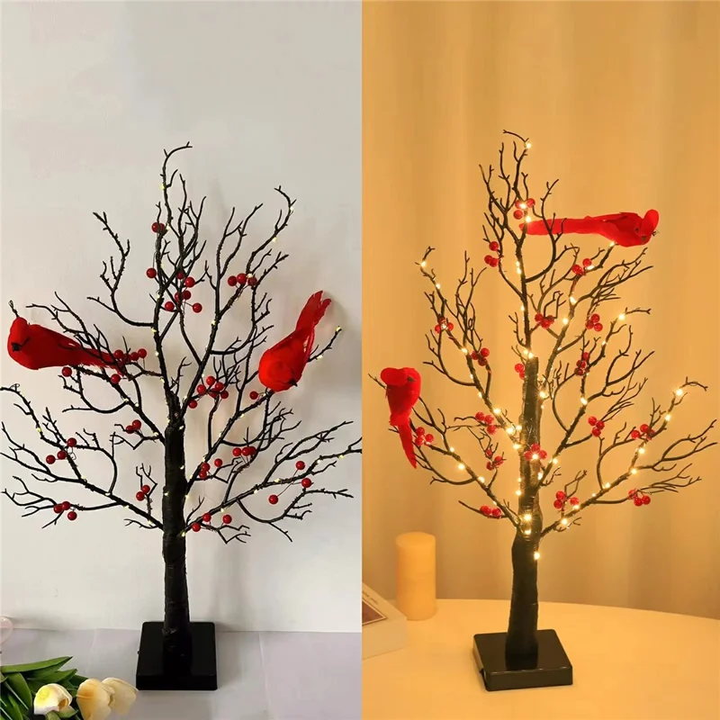 Vintage Glowing Tree with Cardinals Battery Operated Artificial Birch Lamp with Red Berry Table Decoration