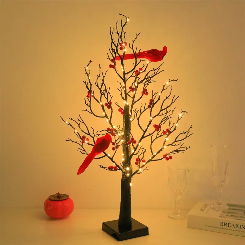 Vintage Glowing Tree with Cardinals Battery Operated Artificial Birch Lamp with Red Berry Table Decoration