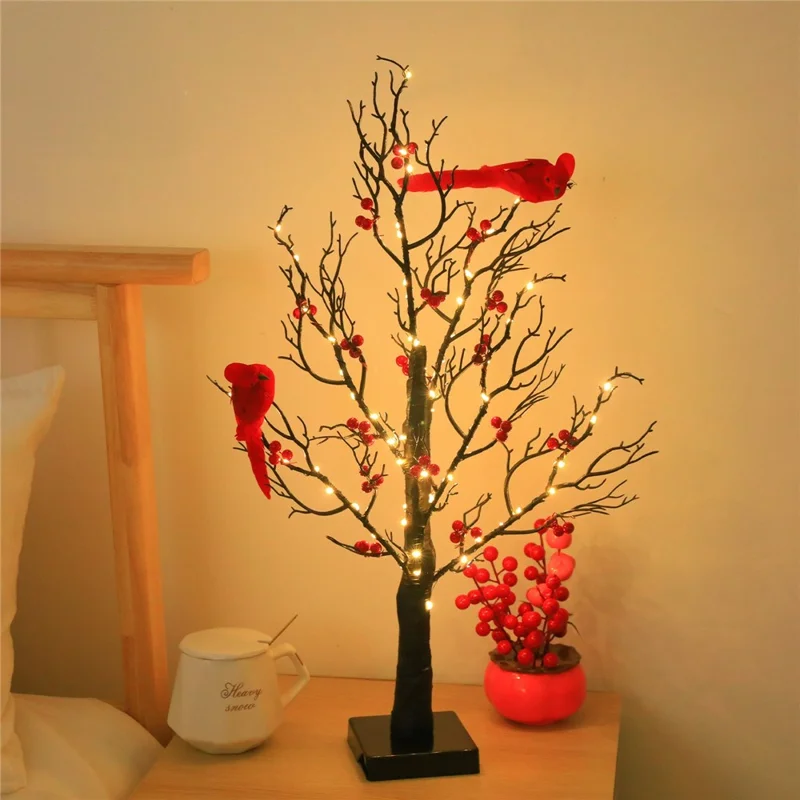 Vintage Glowing Tree with Cardinals Battery Operated Artificial Birch Lamp with Red Berry Table Decoration