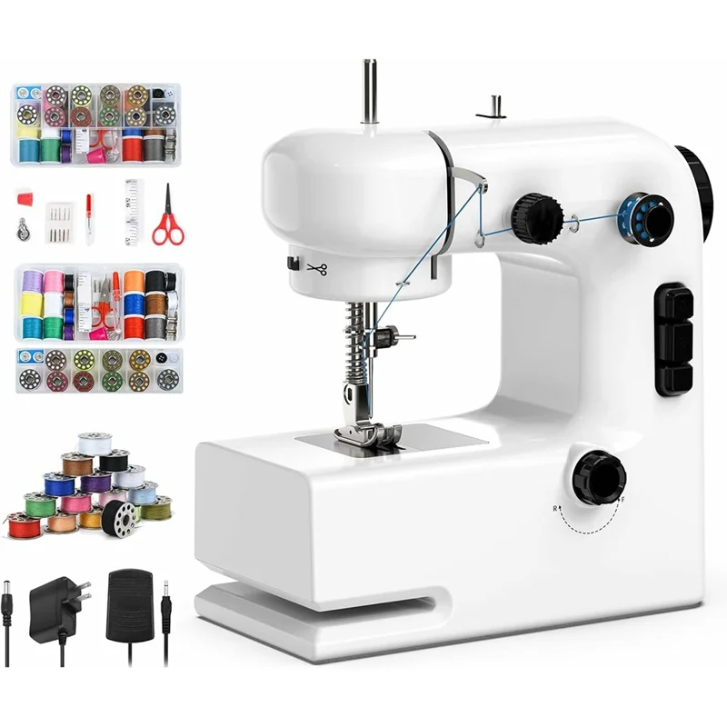 Machine à coudre mini ajustable à double vitesse avec 12 motifs de points, éclairage LED intégré et kit de couture