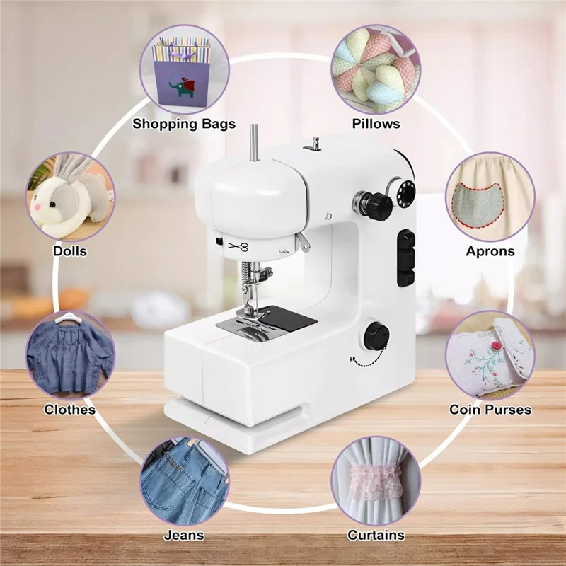Machine à coudre mini ajustable à double vitesse avec 12 motifs de points, éclairage LED intégré et kit de couture