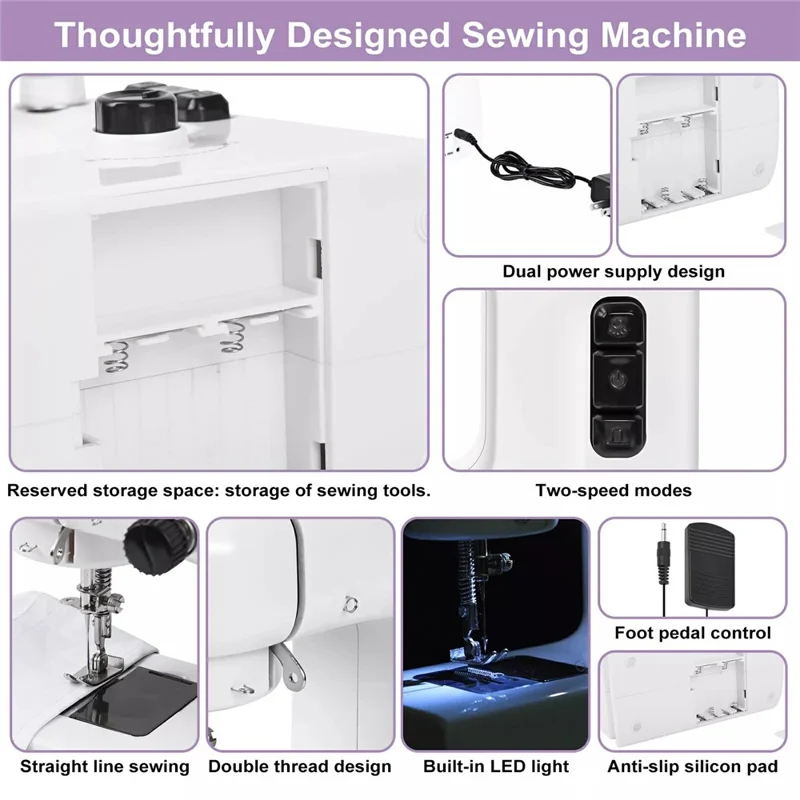 Machine à coudre mini ajustable à double vitesse avec 12 motifs de points, éclairage LED intégré et kit de couture