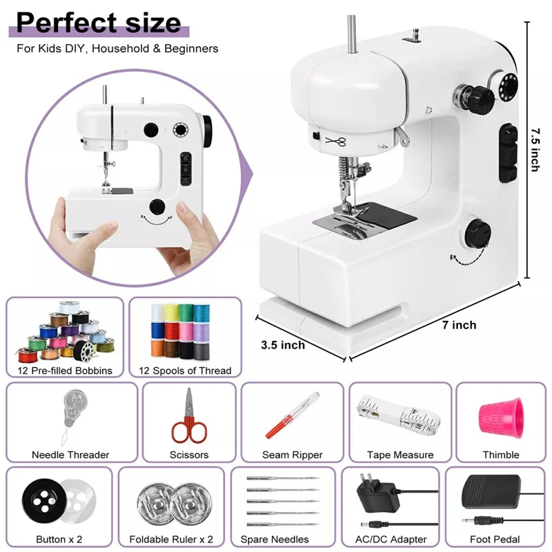 Machine à coudre mini ajustable à double vitesse avec 12 motifs de points, éclairage LED intégré et kit de couture