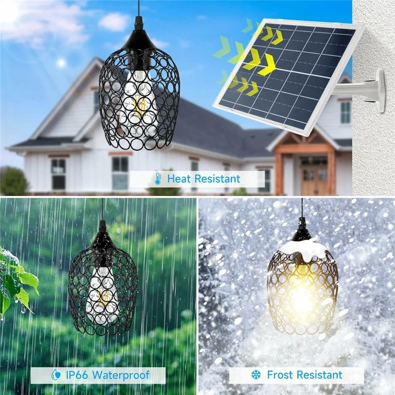 Solarbeleuchtete LED-Pendelleuchte, Eisenkunst, Scheunenlicht, Vintage-Edison-Glühbirne für Garten, Garage, Lager