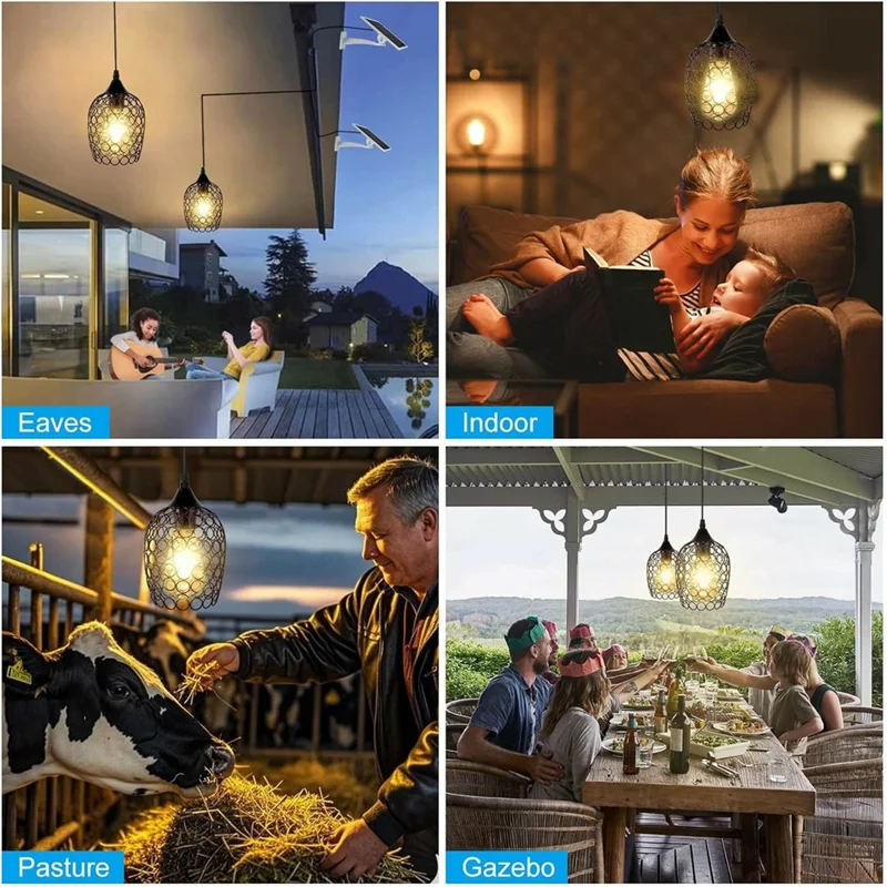 Solarbeleuchtete LED-Pendelleuchte, Eisenkunst, Scheunenlicht, Vintage-Edison-Glühbirne für Garten, Garage, Lager