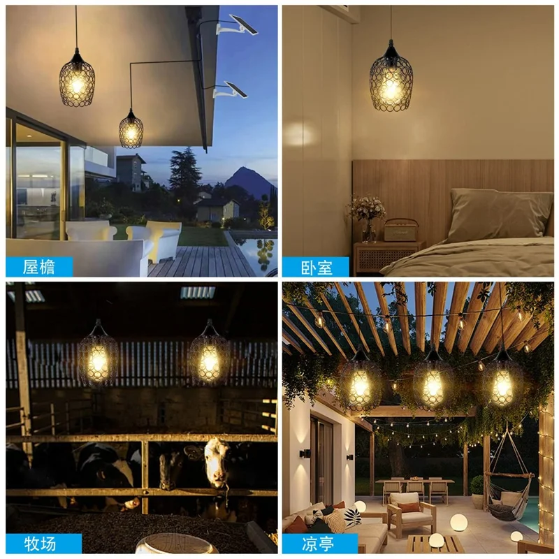 Solarbeleuchtete LED-Pendelleuchte, Eisenkunst, Scheunenlicht, Vintage-Edison-Glühbirne für Garten, Garage, Lager