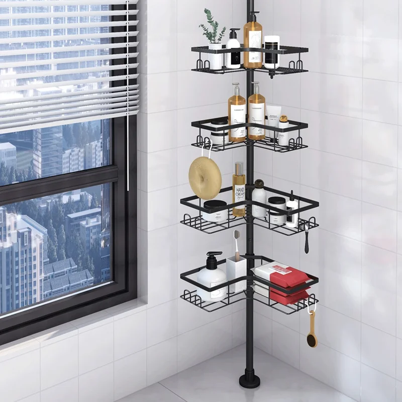 Extendable Pole Corner Shower Caddy for Bathroom 4 Tiers Stainless Steel Organizer Shelf
