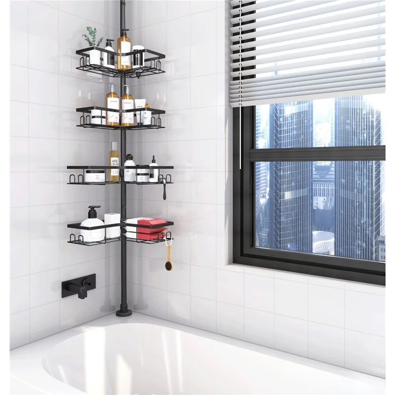 Extendable Pole Corner Shower Caddy for Bathroom 4 Tiers Stainless Steel Organizer Shelf