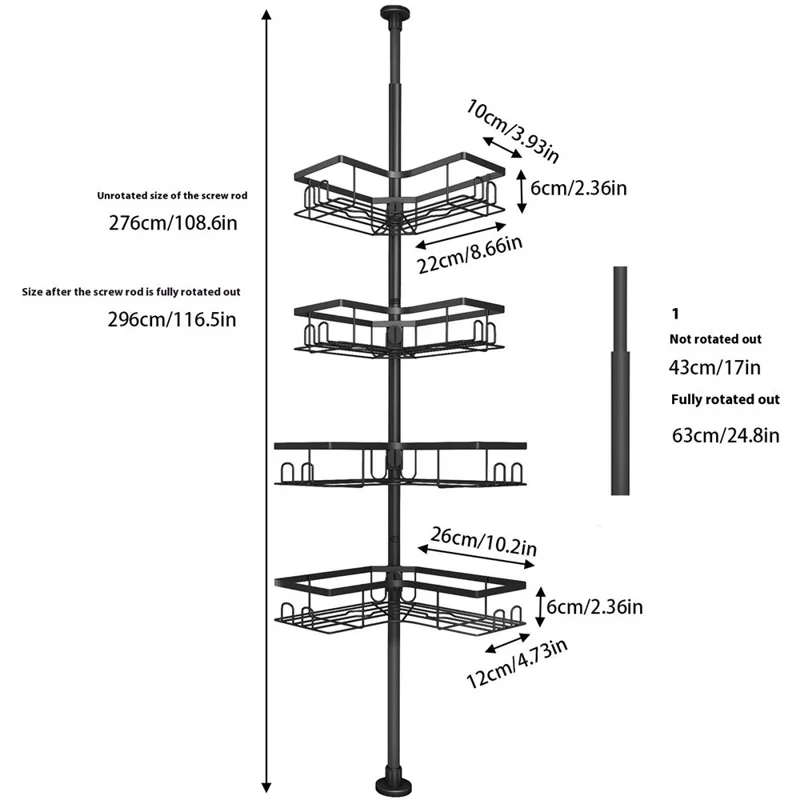 Extendable Pole Corner Shower Caddy for Bathroom 4 Tiers Stainless Steel Organizer Shelf