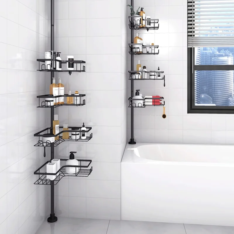 Extendable Pole Corner Shower Caddy for Bathroom 4 Tiers Stainless Steel Organizer Shelf