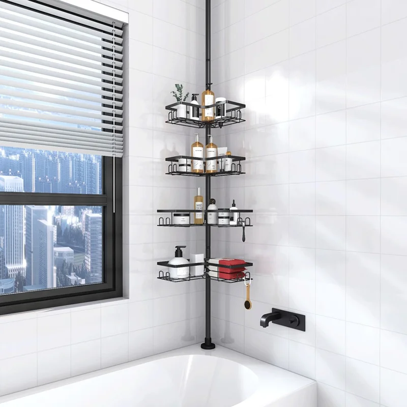 Extendable Pole Corner Shower Caddy for Bathroom 4 Tiers Stainless Steel Organizer Shelf
