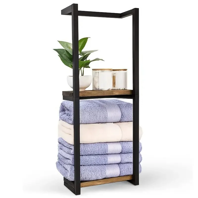 Portasciugamani da Parete a 2 Ripiani in Metallo, Organizzatore per Asciugamani da Bagno, 28,5 x 14 x 77 cm
