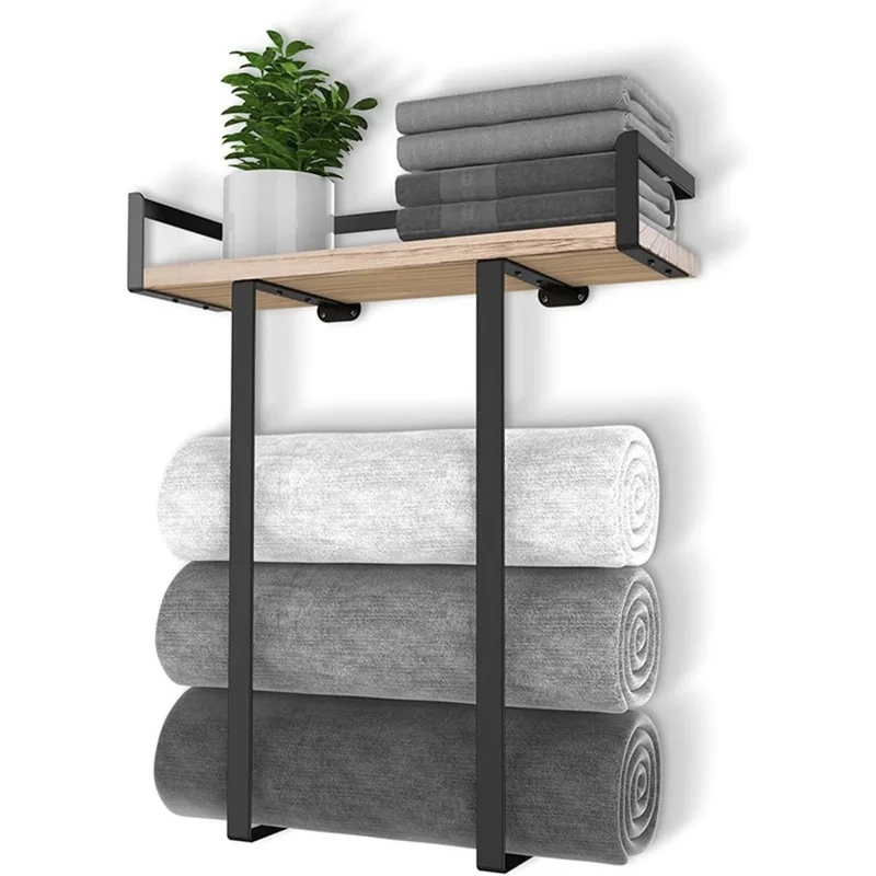 Space Saving Bathroom Metal Towel Rack Wall Mounted Towel Roll Storage Shelf with Wooden Board - Wood Color