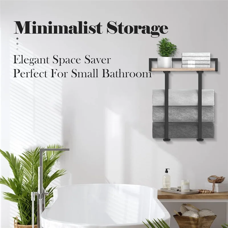 Space Saving Bathroom Metal Towel Rack Wall Mounted Towel Roll Storage Shelf with Wooden Board - Wood Color