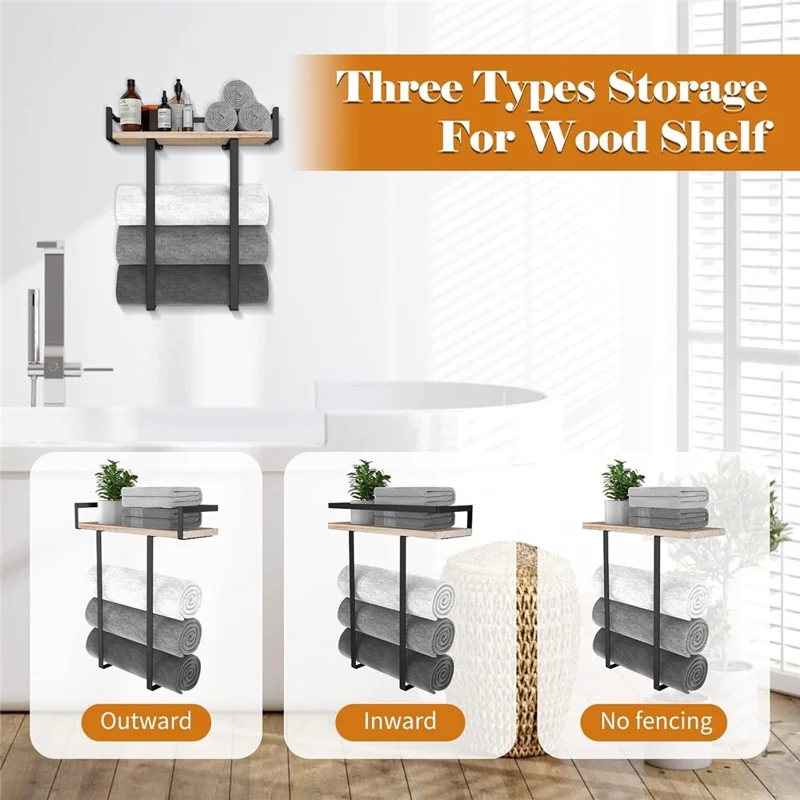 Space Saving Bathroom Metal Towel Rack Wall Mounted Towel Roll Storage Shelf with Wooden Board - Wood Color