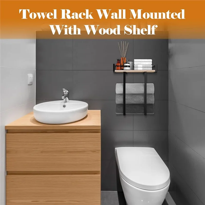 Space Saving Bathroom Metal Towel Rack Wall Mounted Towel Roll Storage Shelf with Wooden Board - Wood Color