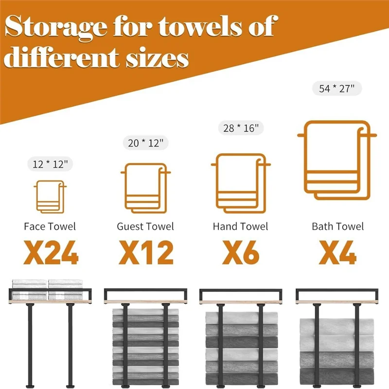 Space Saving Bathroom Metal Towel Rack Wall Mounted Towel Roll Storage Shelf with Wooden Board - Wood Color