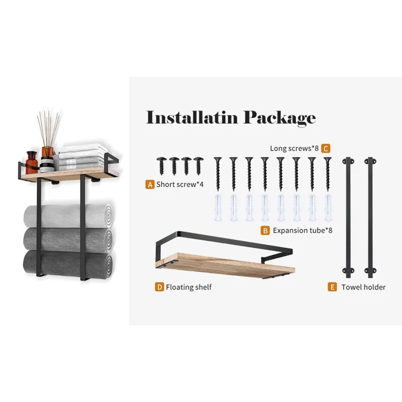 Space Saving Bathroom Metal Towel Rack Wall Mounted Towel Roll Storage Shelf with Wooden Board - Wood Color