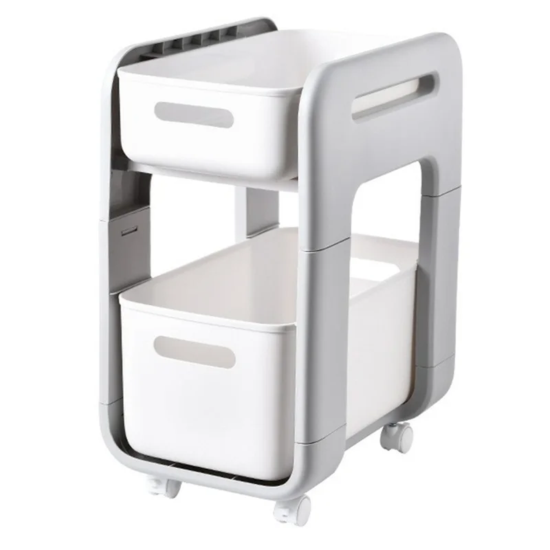 Multi-Tier Floor Storage Rack Organizer with Slim Profile Sliding Baskets  /  Drawers - High Model with Wheels