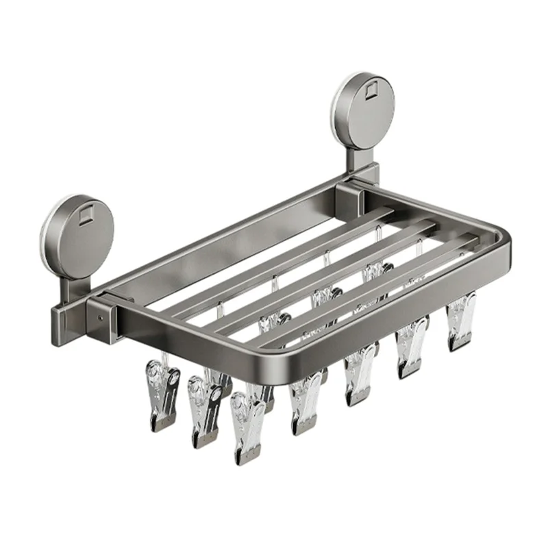 Folding Suction Cup Sock Drying Rack with 18 Clips Laundry Hanger for Socks / Underwear / Towels - Grey