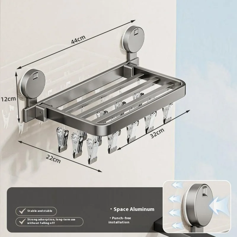 Folding Suction Cup Sock Drying Rack with 18 Clips Laundry Hanger for Socks / Underwear / Towels - Grey