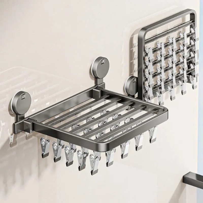 Folding Suction Cup Sock Drying Rack with 18 Clips Laundry Hanger for Socks / Underwear / Towels - Grey