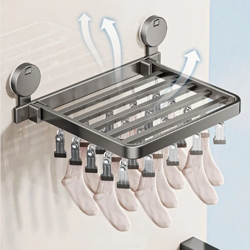 Folding Suction Cup Sock Drying Rack with 18 Clips Laundry Hanger for Socks / Underwear / Towels - Grey