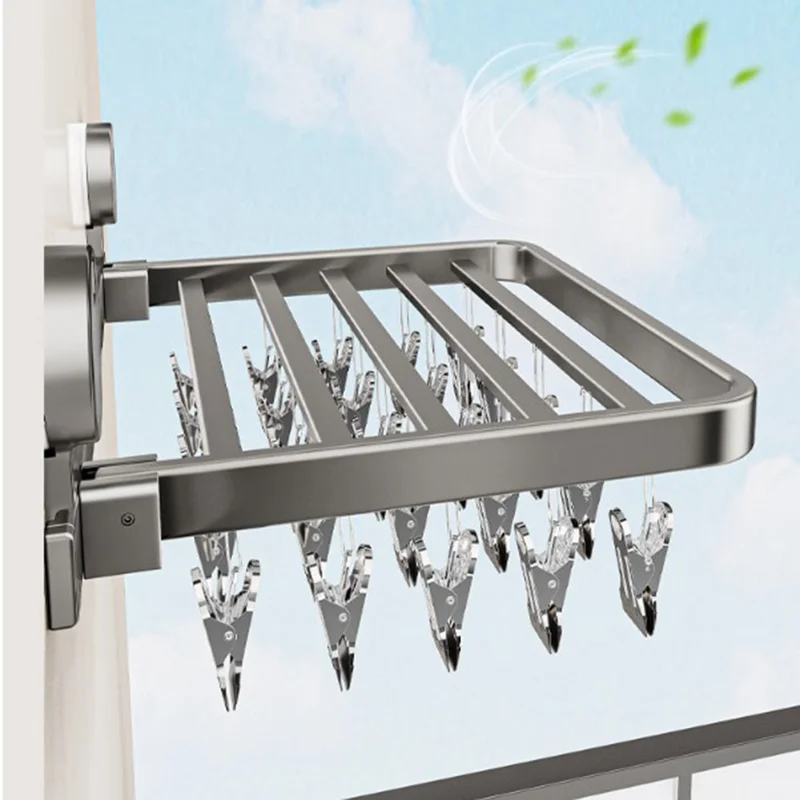 Folding Suction Cup Sock Drying Rack with 18 Clips Laundry Hanger for Socks / Underwear / Towels - Grey