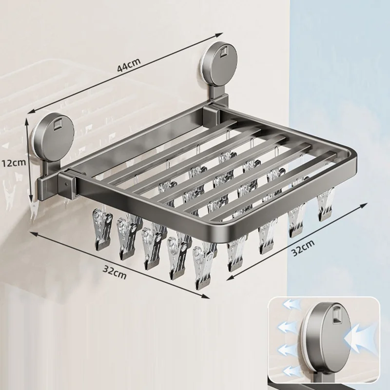 Folding Suction Cup Sock Drying Rack with 24 Clips Laundry Hanger for Socks / Underwear / Towels - Grey