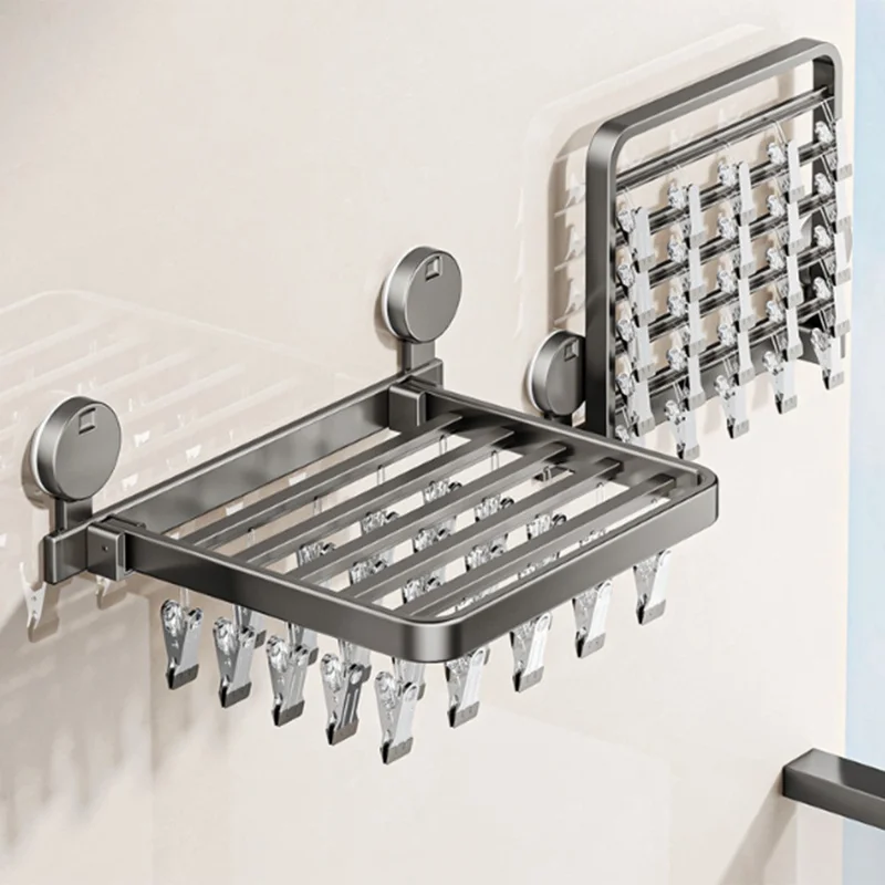 Folding Suction Cup Sock Drying Rack with 24 Clips Laundry Hanger for Socks / Underwear / Towels - Grey