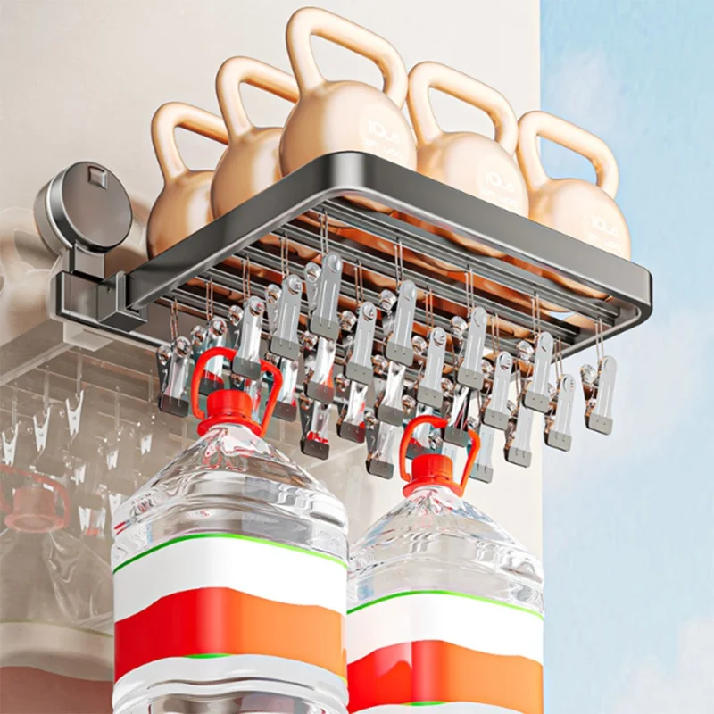 Folding Suction Cup Sock Drying Rack with 24 Clips Laundry Hanger for Socks / Underwear / Towels - Grey