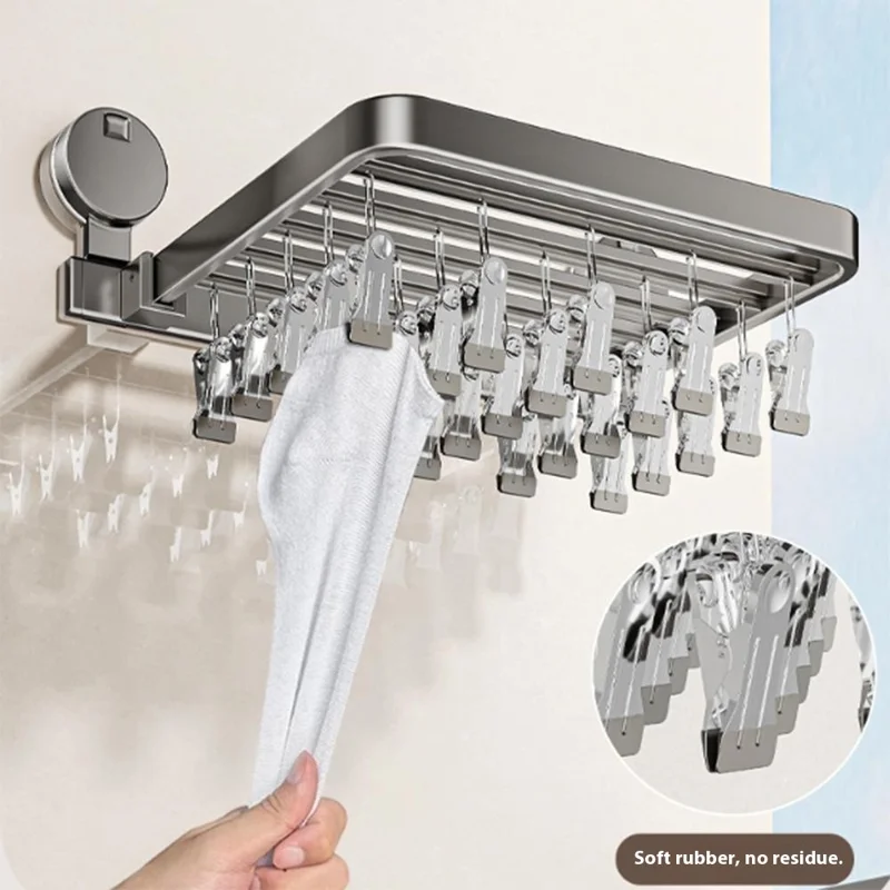 Folding Suction Cup Sock Drying Rack with 24 Clips Laundry Hanger for Socks / Underwear / Towels - Grey