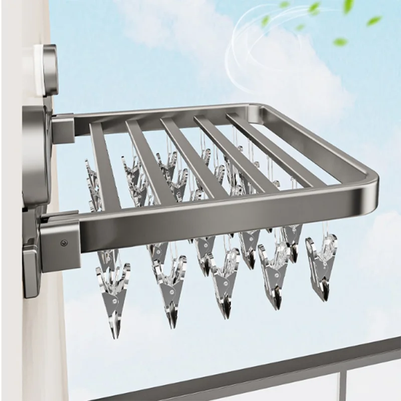 Folding Suction Cup Sock Drying Rack with 24 Clips Laundry Hanger for Socks / Underwear / Towels - Grey