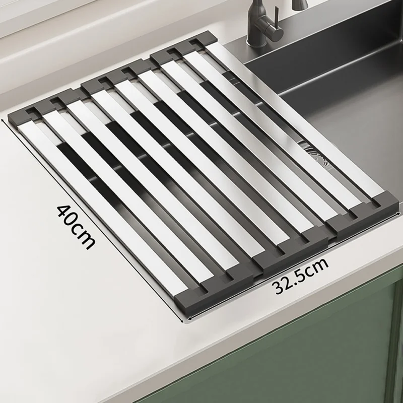 Foldable Expandable Over Sink Dish Drying Rack 304 Stainless Steel Kitchen Organizer 40 x 32.5cm