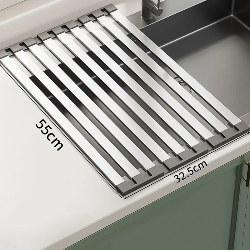Foldable Extendable Over Sink Dish Drying Rack 304 Stainless Steel Kitchen Organizer Storage Shelf 55 x 32.5cm