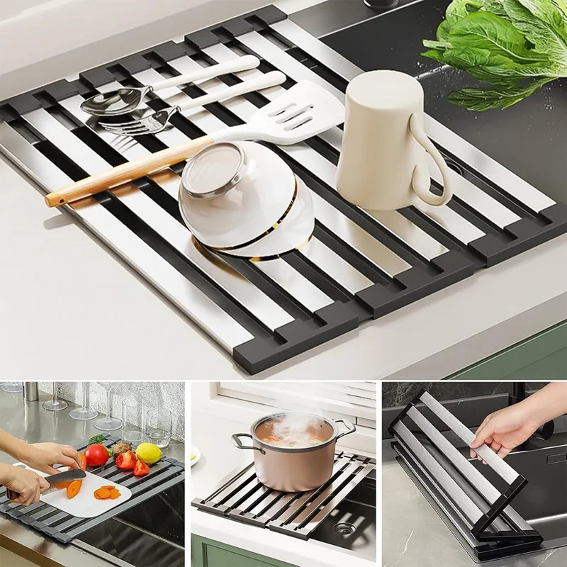Foldable Extendable Over Sink Dish Drying Rack 304 Stainless Steel Kitchen Organizer Storage Shelf 55 x 32.5cm