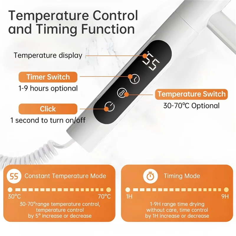 G63 Rotatable Electric Towel Rack for Bathroom Kitchen Smart Temperature Control Heating Drying Storage Rack (EU Plug) - Black