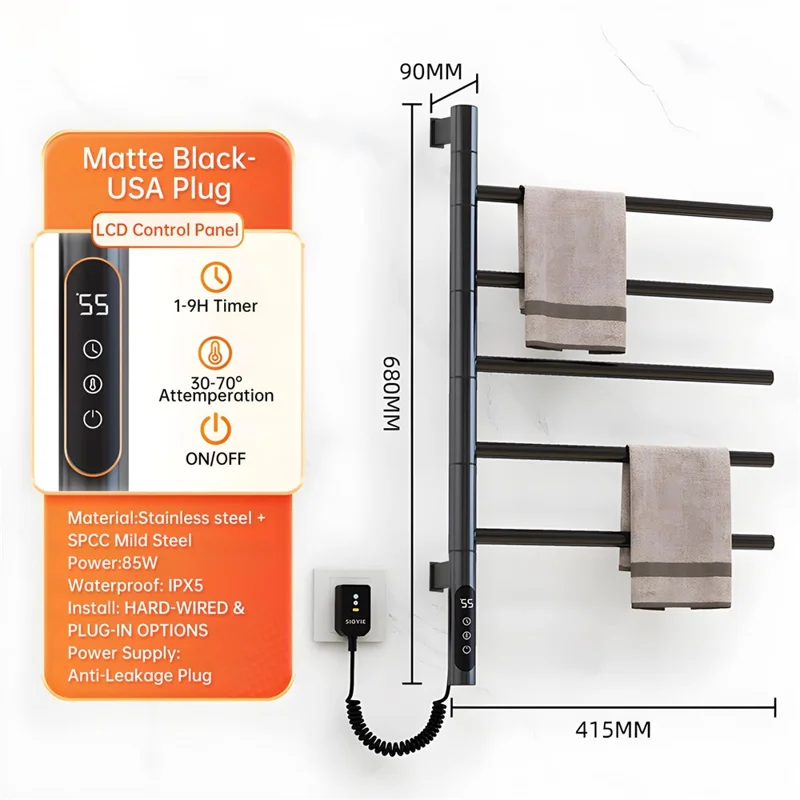 G63 Rotatable Electric Towel Rack for Bathroom Kitchen Smart Temperature Control Heating Drying Storage Rack (EU Plug) - Black