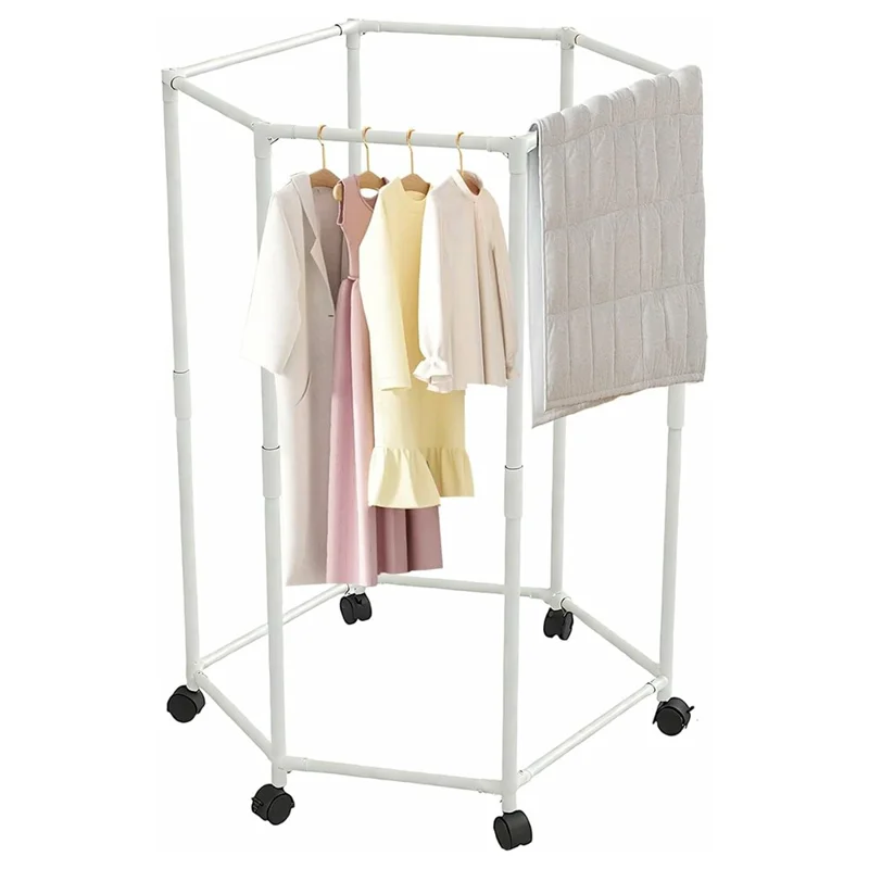 Single Layer Hexagonal Rotating Floor Coat Rack Portable Clothes Hanger Drying Stand with Wheels for Dorm Organization - White