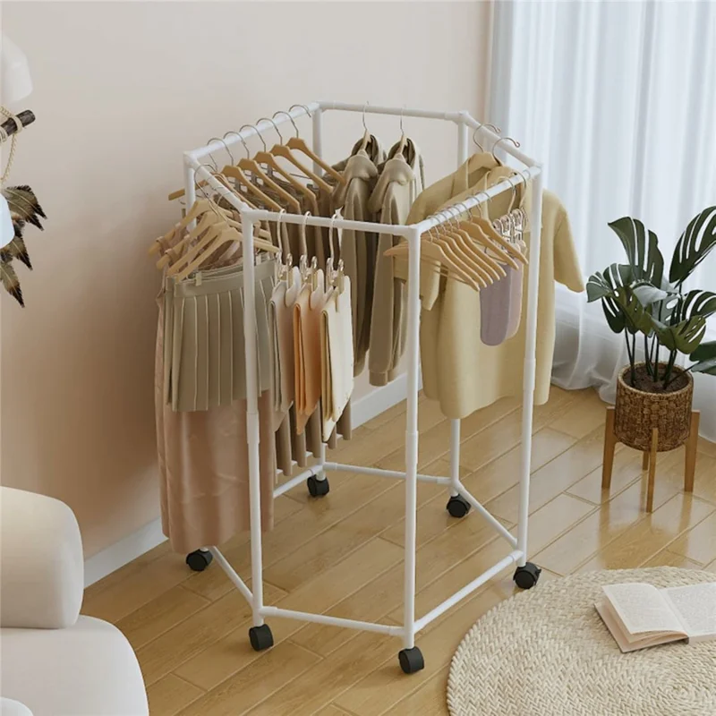 Single Layer Hexagonal Rotating Floor Coat Rack Portable Clothes Hanger Drying Stand with Wheels for Dorm Organization - White