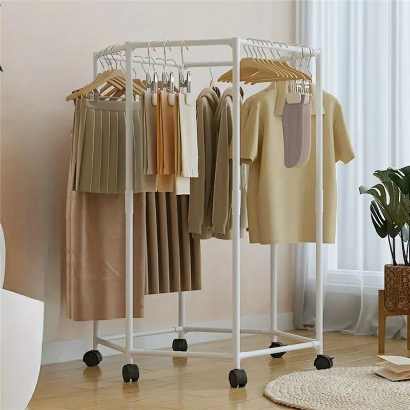 Single Layer Hexagonal Rotating Floor Coat Rack Portable Clothes Hanger Drying Stand with Wheels for Dorm Organization - White