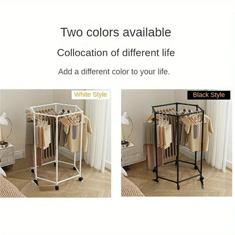 Single Layer Hexagonal Rotating Floor Coat Rack Portable Clothes Hanger Drying Stand with Wheels for Dorm Organization - White