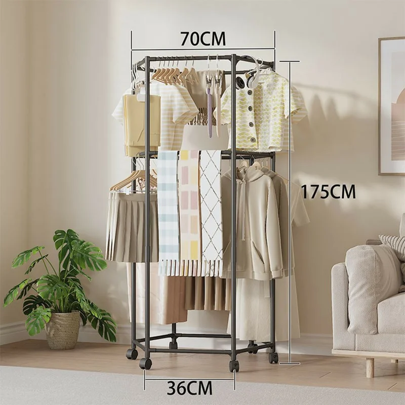 Double Layer Hexagonal Rotating Floor Coat Rack Portable Clothes Hanger Drying Stand with Wheels for Dorm Organization - Black