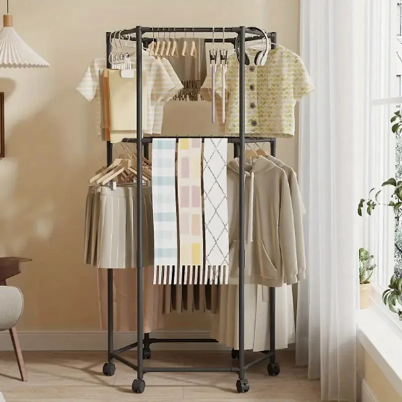 Double Layer Hexagonal Rotating Floor Coat Rack Portable Clothes Hanger Drying Stand with Wheels for Dorm Organization - Black