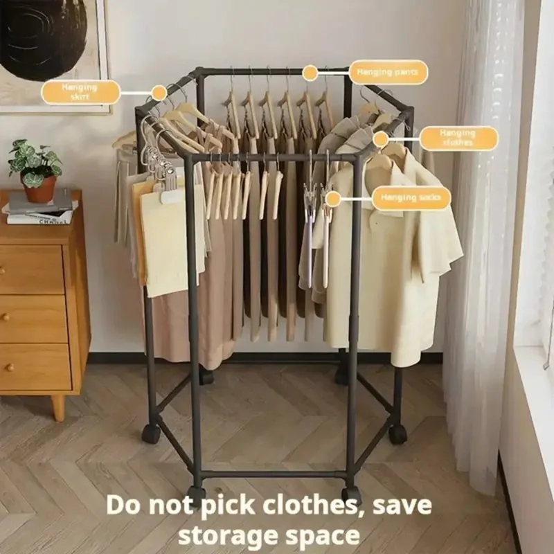 Double Layer Hexagonal Rotating Floor Coat Rack Portable Clothes Hanger Drying Stand with Wheels for Dorm Organization - Black