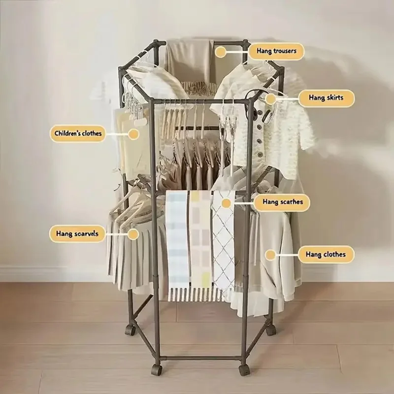 Double Layer Hexagonal Rotating Floor Coat Rack Portable Clothes Hanger Drying Stand with Wheels for Dorm Organization - Black