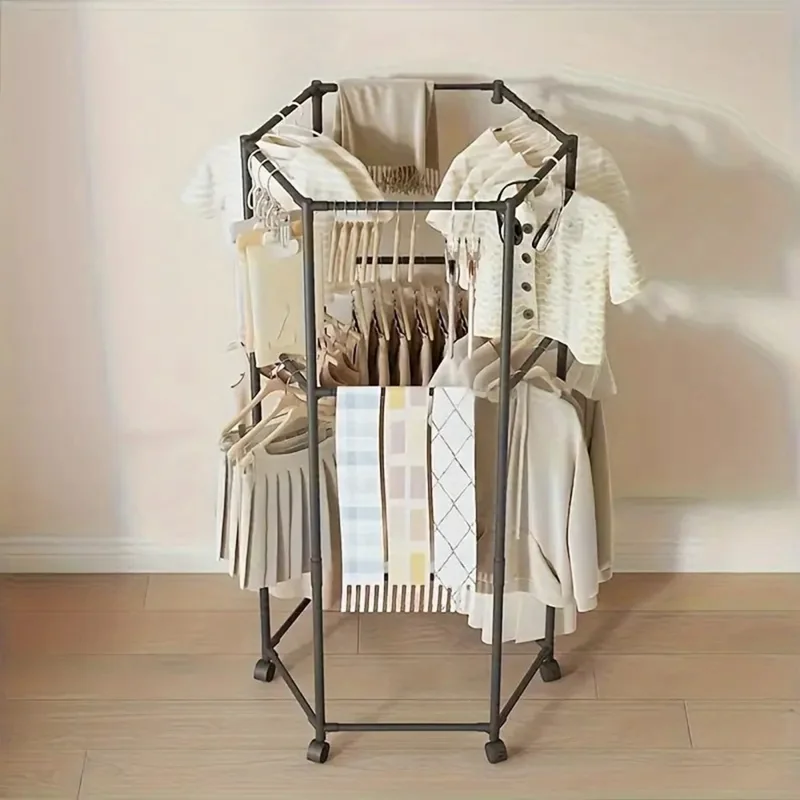 Double Layer Hexagonal Rotating Floor Coat Rack Portable Clothes Hanger Drying Stand with Wheels for Dorm Organization - Black